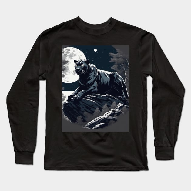 Black Panther Cat, Rock, Full Moon, Shadowy Long Sleeve T-Shirt by BirdsnStuff